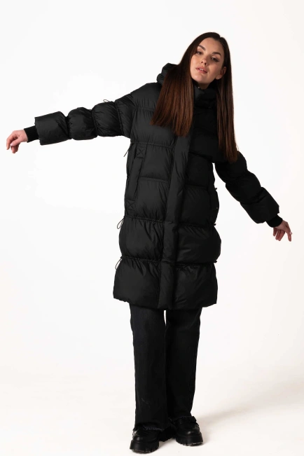 Чорний біопуховик з кулісками та капюшоном-6