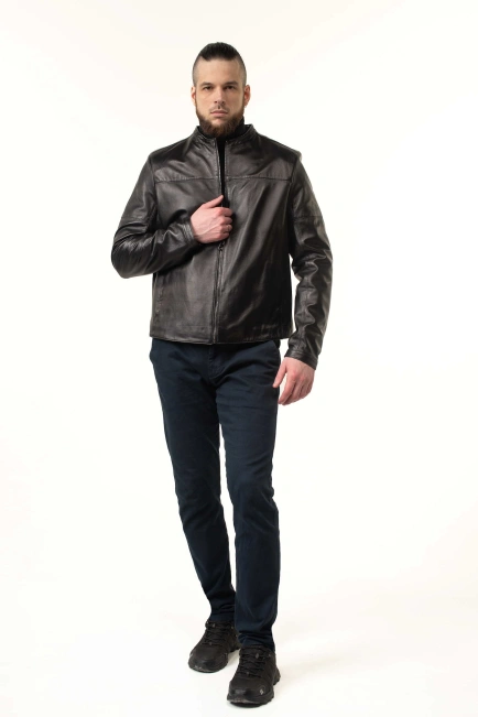 Чоловіча шкіряна куртка з кнопками на манжетах-7