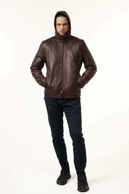 Шкіряна коричнева куртка з капюшоном чоловіча-9