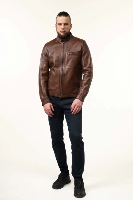 Шкіряна куртка чоловіча коричнева з коміром-8