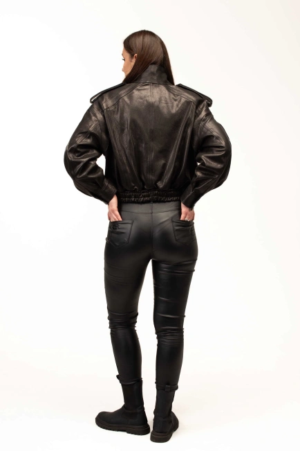 Кожаная куртка-бомбер с двойным воротником-2