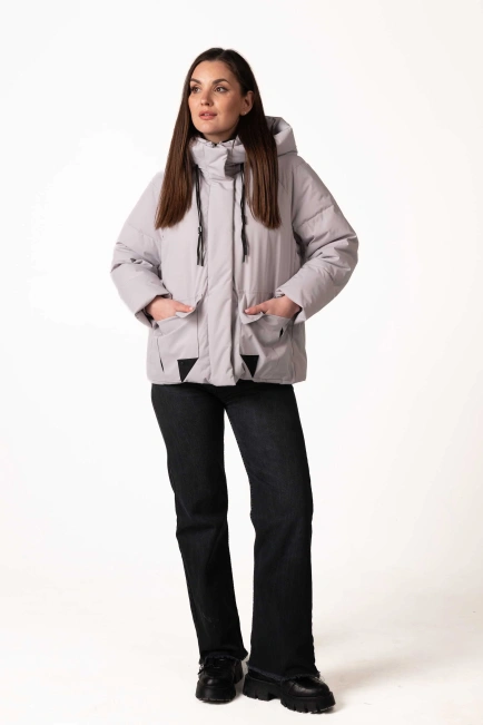 Жіночий світло-сірий біопуховик з капюшоном-3