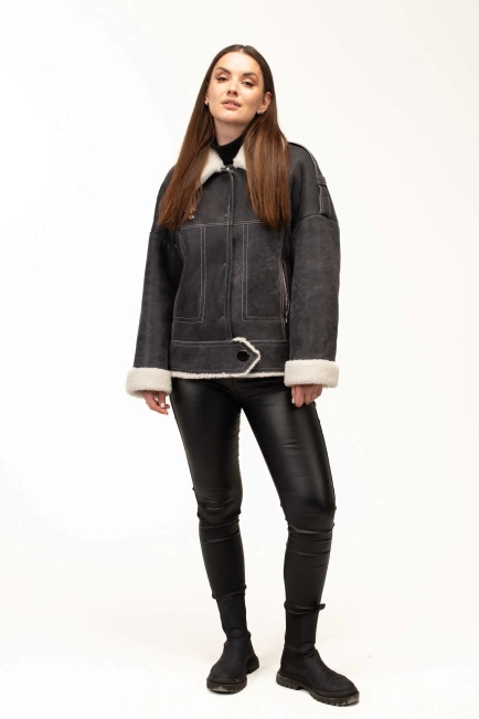 Жіноча сіра дублянка з комірцем з овчини-10