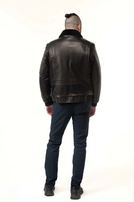 Шкіряна дублянка-бомбер з хутряним коміром-2