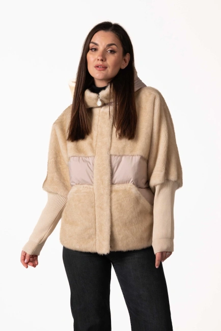 Жіночий біопуховик з екохутром беж-4