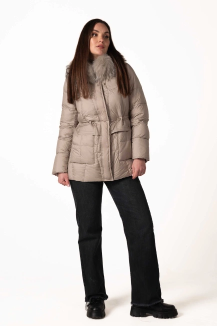 Сірий біопуховик з відстібним капюшоном з хутром-10