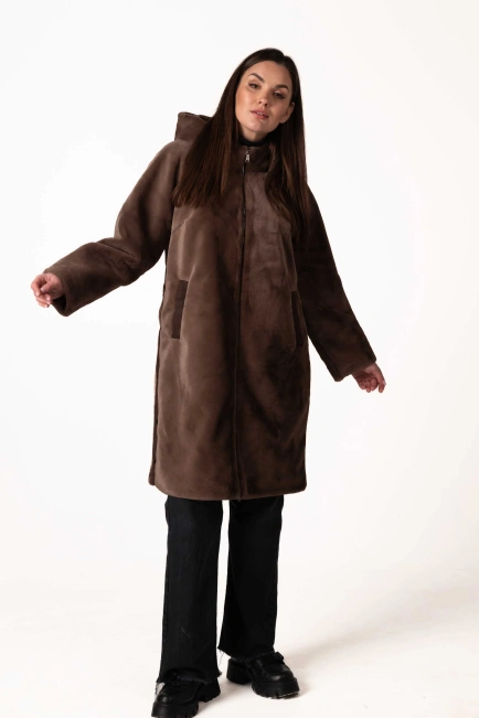 Шуба з екохутра коричнева пряма довга-6