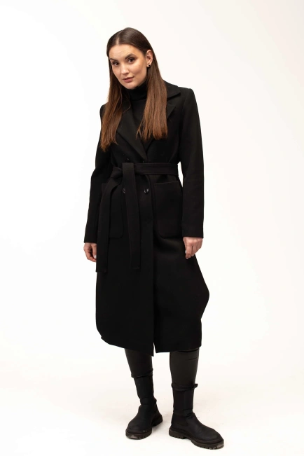 Женское чёрное пальто под пояс длинное-8