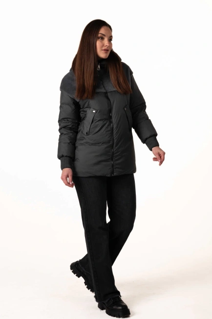 Біопуховик з екохутром темно-бірюзового кольору-7