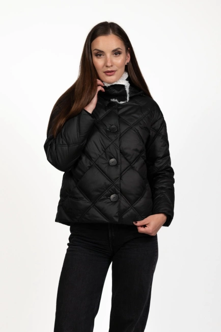 Жіночий біопуховик чорний стьобаний ромбами-7