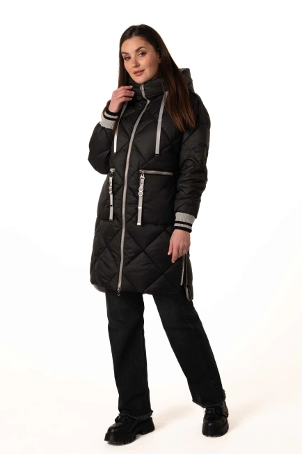 Жіночий зимовий біопуховик чорний з сірим-9