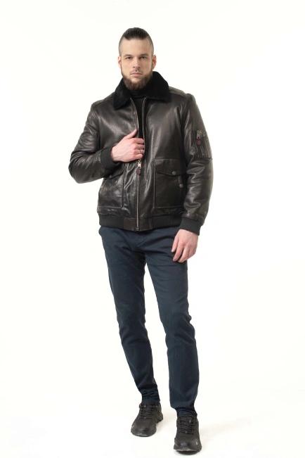 Шкіряна дублянка-бомбер з хутряним коміром-7