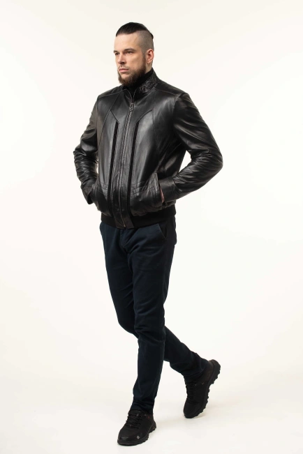 Шкіряна куртка-бомбер чоловіча з гладкої шкіри-5