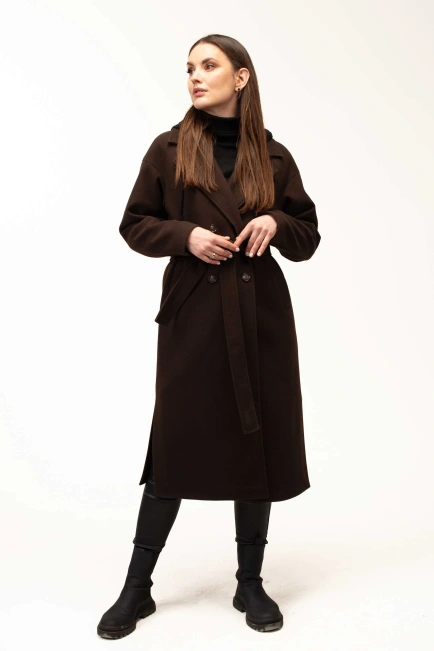 Женское коричневое пальто с чёрным капюшоном-6