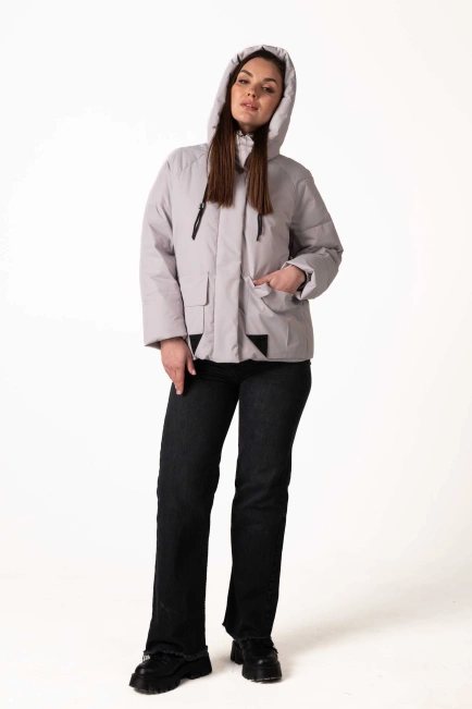 Жіночий світло-сірий біопуховик з капюшоном-6