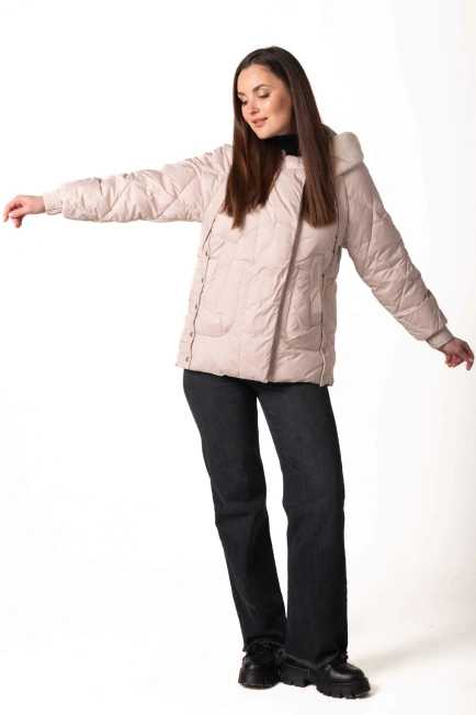 Біопуховик з екохутром світлий беж-8