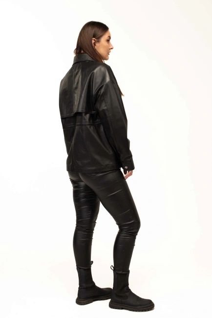 Женская чёрная кожаная куртка-тренч-7