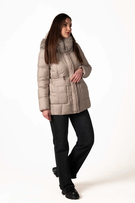 Сірий біопуховик з відстібним капюшоном з хутром-7