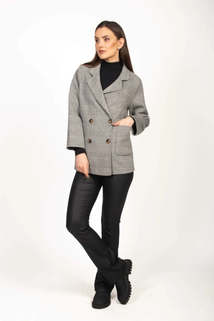 Женское пальто в клеточку цвет серый-5
