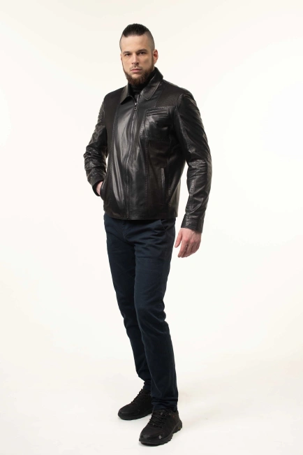 Шкіряна куртка чорна з нагрудною кишенею-5