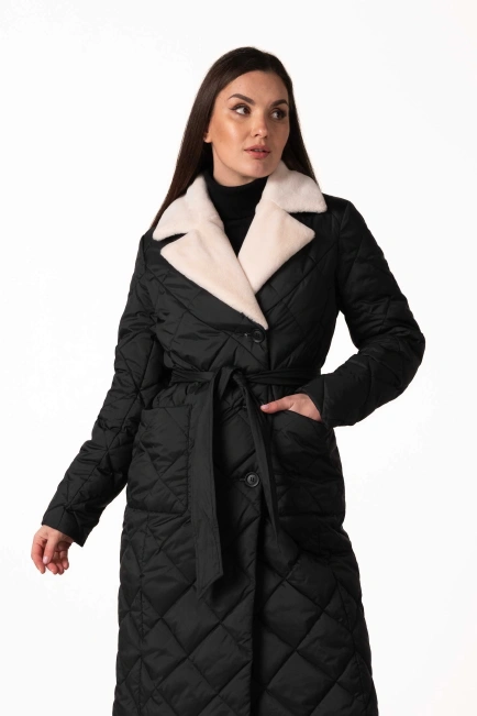 Чорний біопуховик з англійським коміром та поясом-6