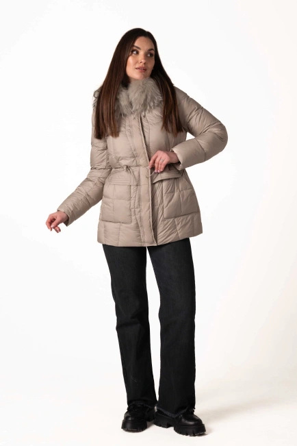 Сірий біопуховик з відстібним капюшоном з хутром-8