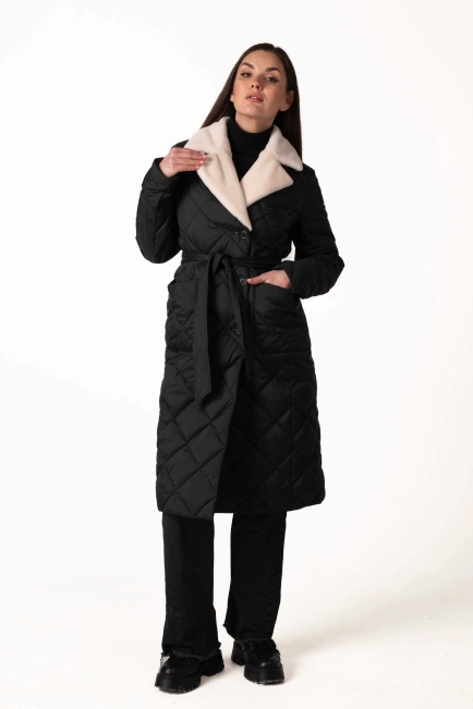 Чорний біопуховик з англійським коміром та поясом-3