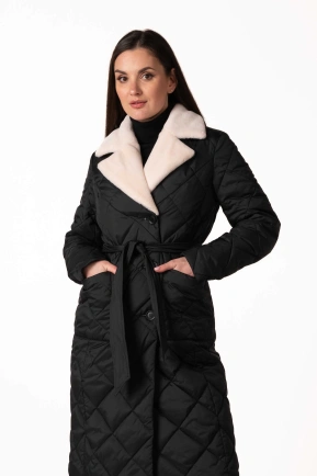 Чорний біопуховик з англійським коміром та поясом