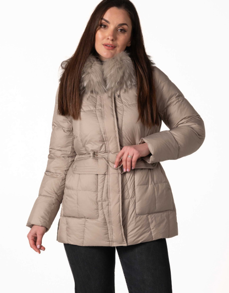 Сірий біопуховик з відстібним капюшоном з хутром