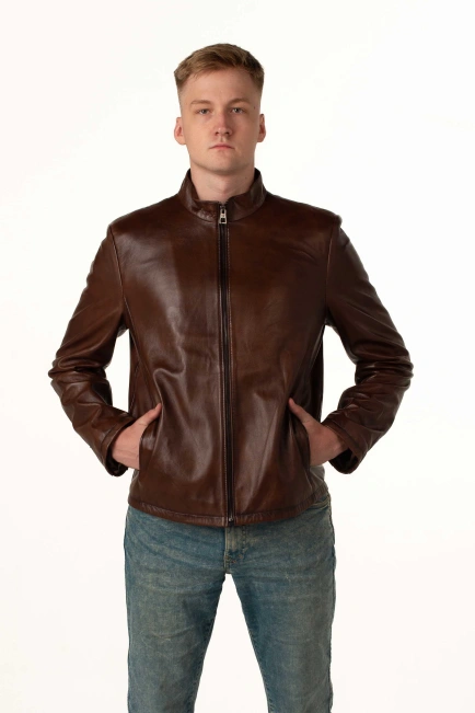 Чоловіча шкіряна куртка пряма коричнева-3