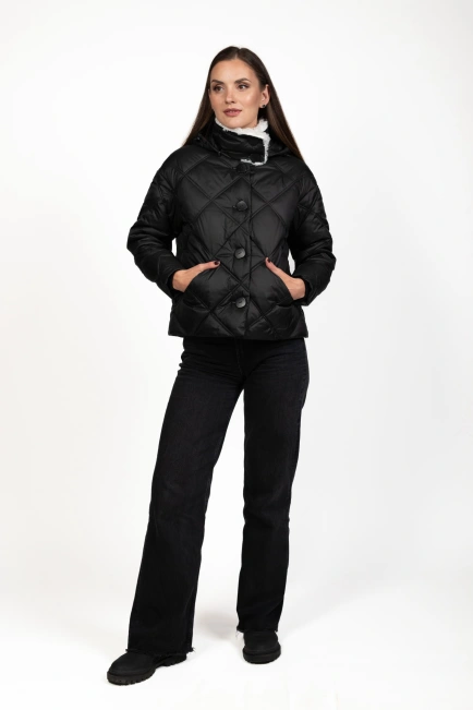 Жіночий біопуховик чорний стьобаний ромбами-8