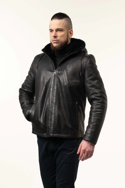 Шкіряна дублянка з капюшоном зимова-10