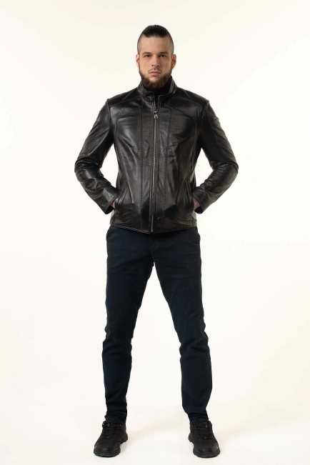 Чорна шкіряна куртка чоловіча з прострочками-10