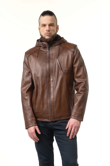 Шкіряна куртка чоловіча з кишенею на грудях-4