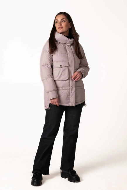 Пудровий біопуховик з капюшоном і кулісками-7