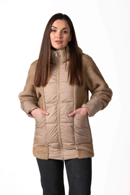 Біопуховик з екохутром бежевого кольору зима-4