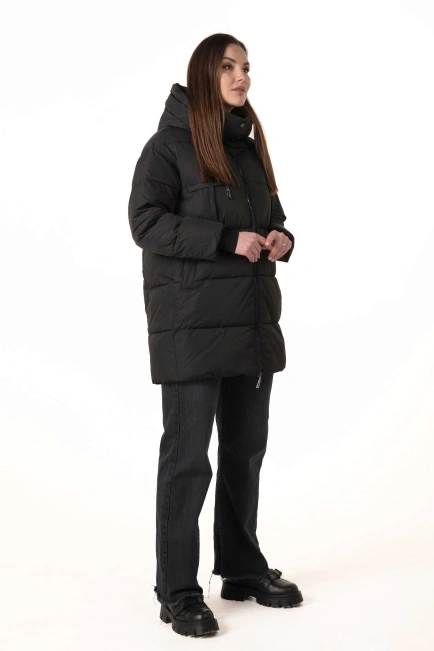 Жіночий чорний біопуховик зі знімним капюшоном-7