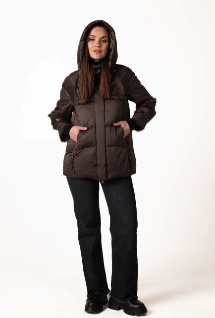 Біопуховик з шкіряними та хутряними вставками-3