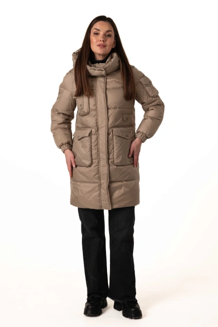 Бежевий біопуховик з декором на рукавчику-9