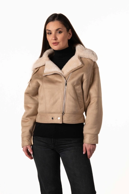Жіноча екодублянка-бомбер бежевого кольору-1