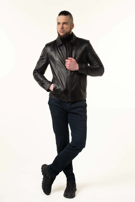 Шкіряна куртка чоловіча коричнева з комірцем-3