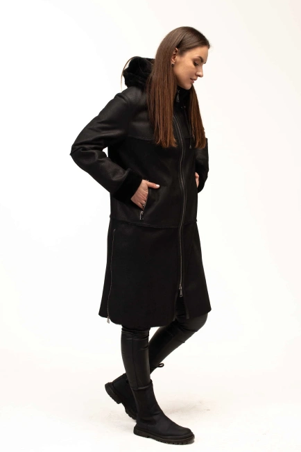 Жіноча чорна дублянка з капюшоном довга-7