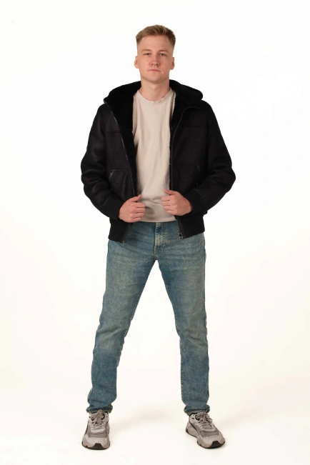 Чоловіча дублянка-бомбер з капюшоном-5