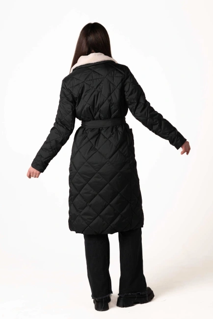 Чорний біопуховик з англійським коміром та поясом-2