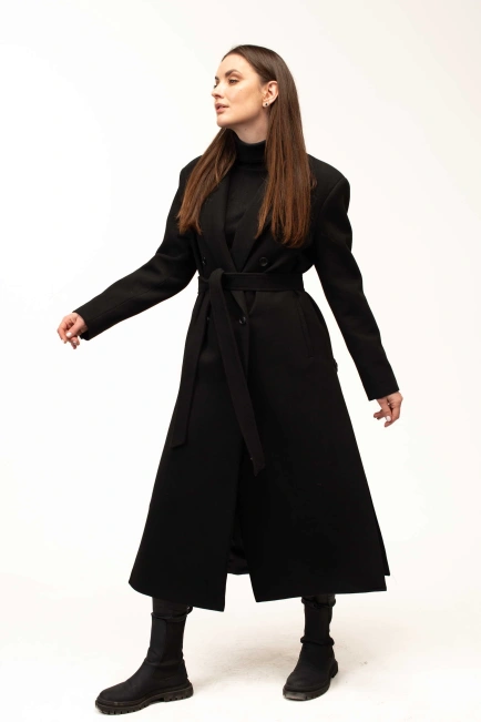 Жіноче пальто чорне з поясом довге-9
