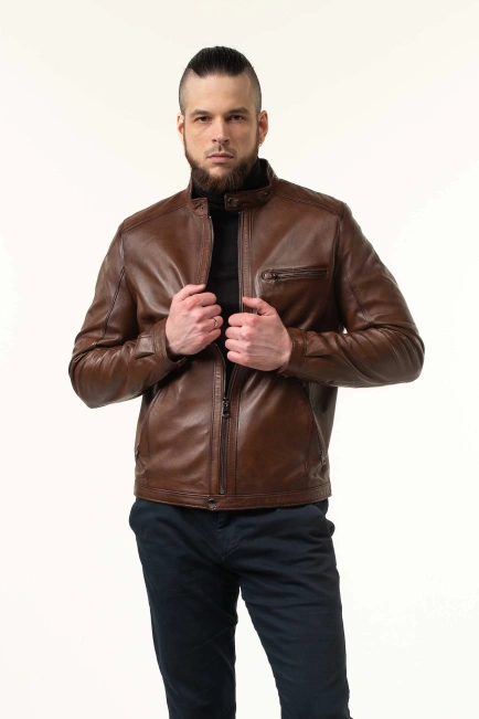 Шкіряна куртка чоловіча коричнева з коміром-10