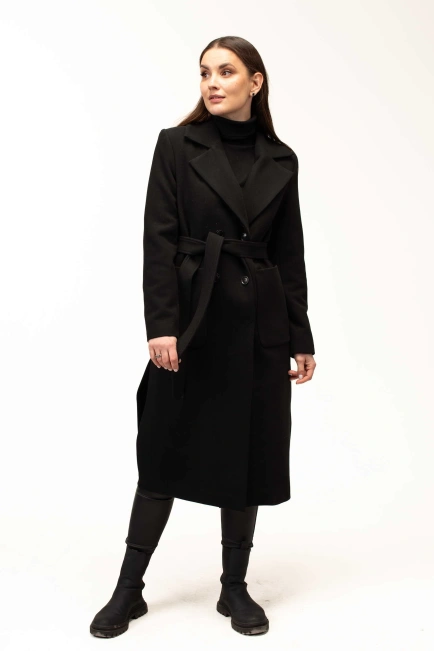 Женское чёрное пальто под пояс длинное-3