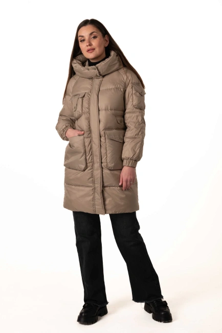 Бежевий біопуховик з декором на рукавчику-6