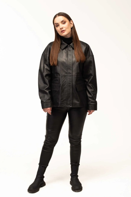 Женская чёрная кожаная куртка-тренч-10