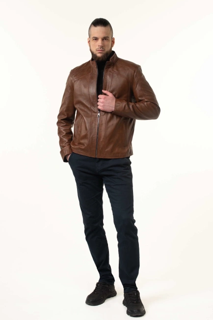 Шкіряна куртка чоловіча коричнева з тонуванням-7